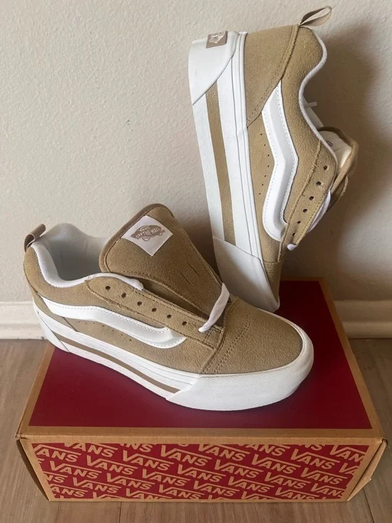 Vans Women’s Tan Suede Platform Old Skool Sneakers with White Stripe - Picture 3 of 7